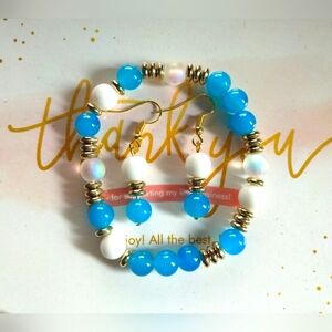 Turquoise white and mermaid glass bead bracelet and earring set